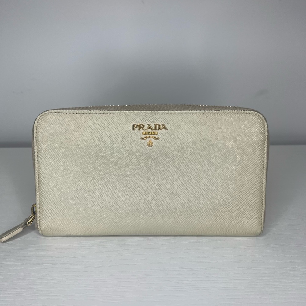 Prada Saffiano Cream Leather Zip Wallet Gold Hardware
